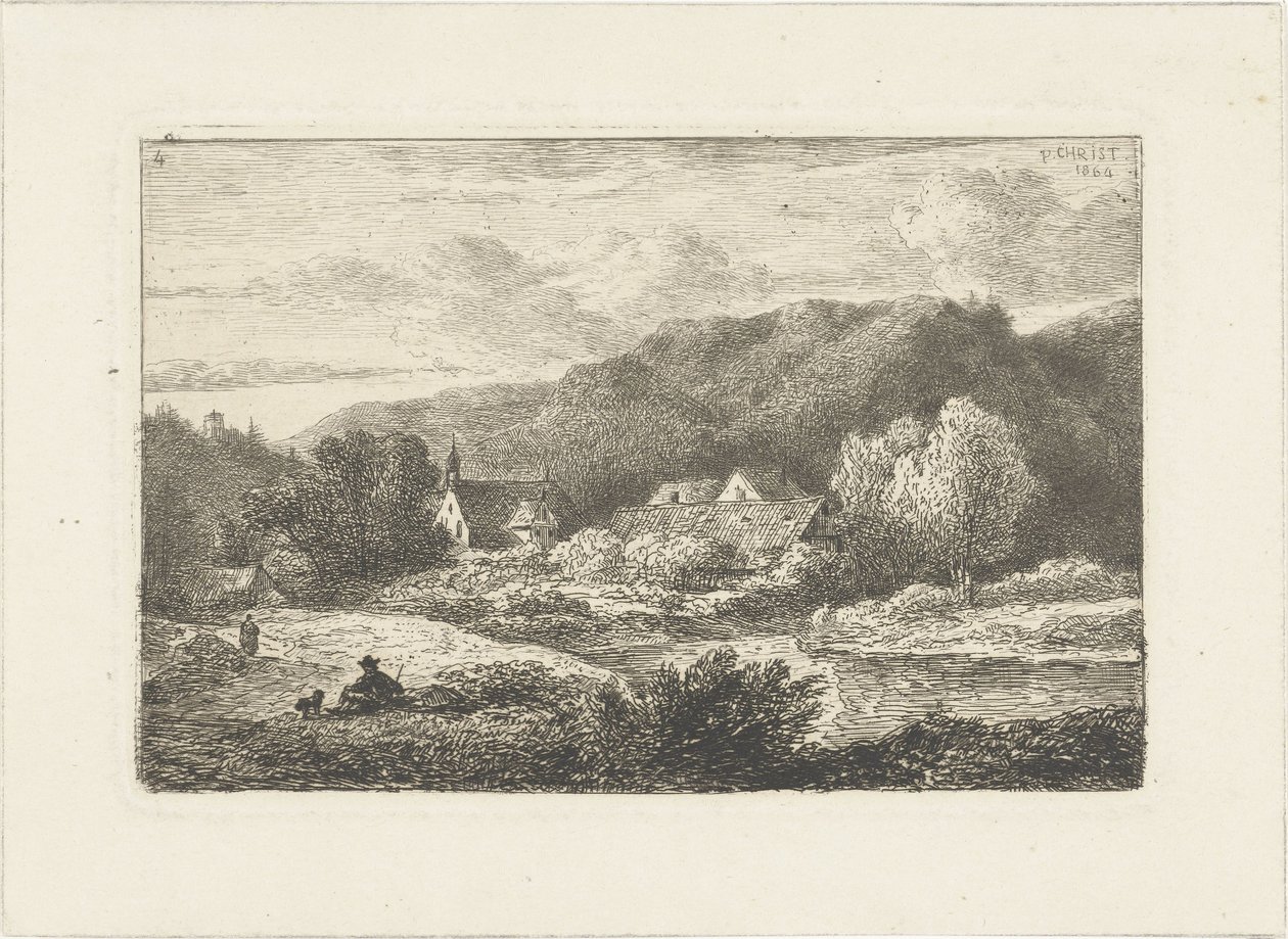 Paisaje montañoso con iglesia y casas. Paisajes acuáticos (título de la serie) de Pieter Casper Christ