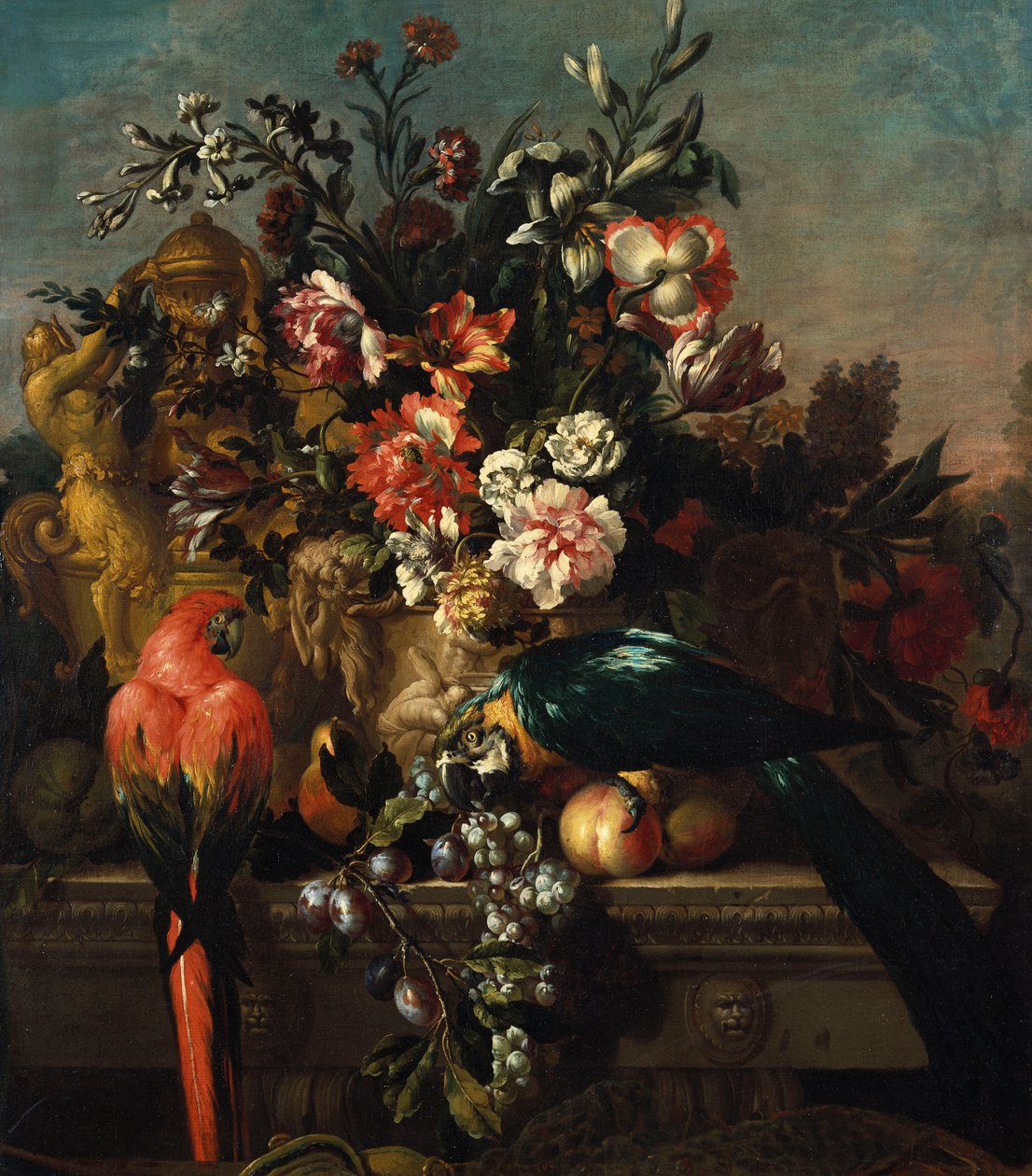 Claveles y otras flores con loros en un pedestal de Pieter Casteels