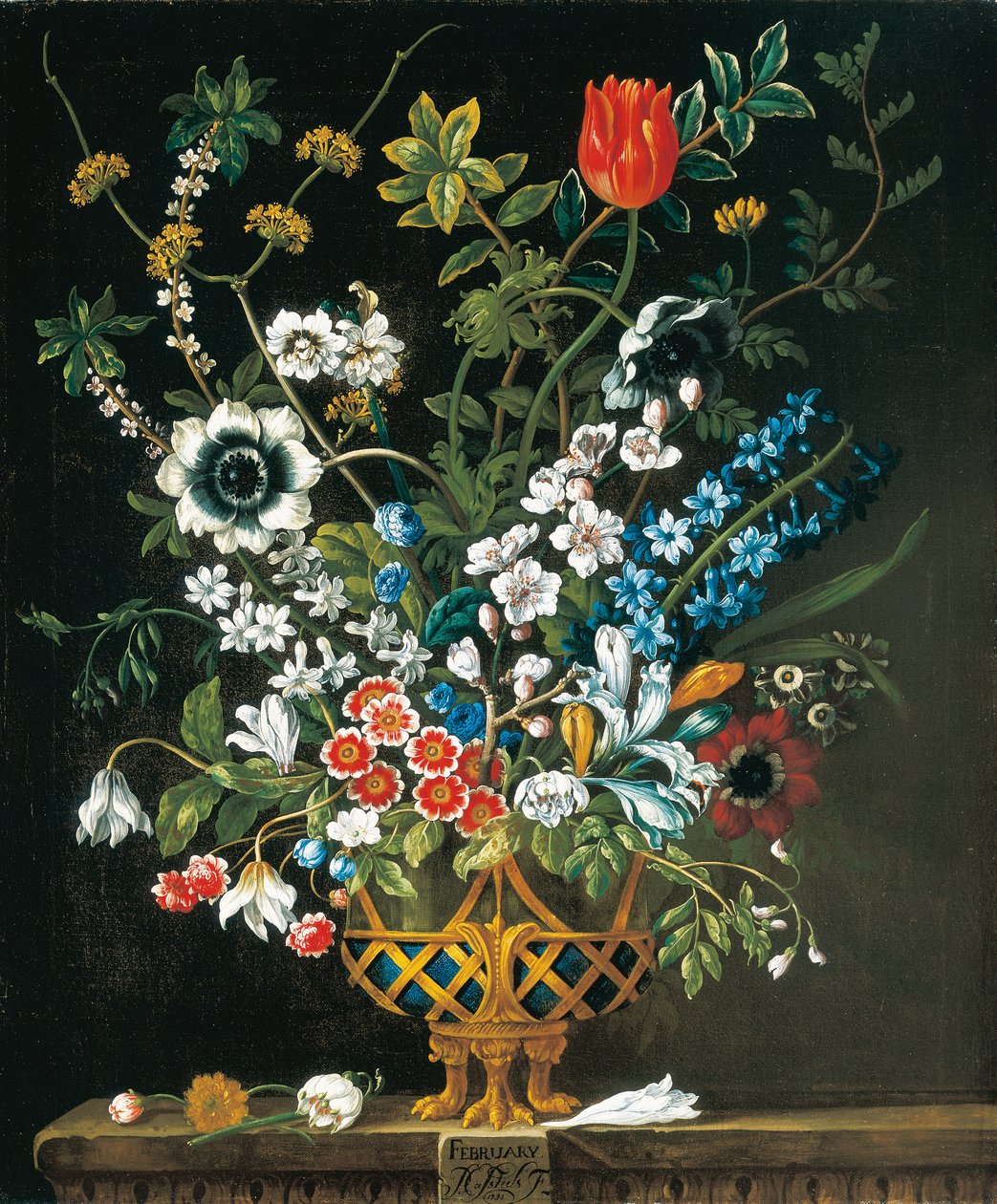 Febrero, de Los Doce Meses de Flores, un calendario floral de naturalezas muertas de Pieter Casteels