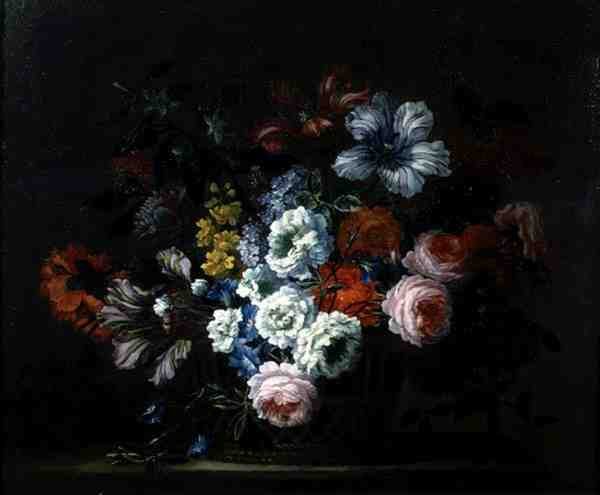 Naturaleza muerta de rosas, peonías, tulipanes y gloria de la mañana en una canasta de Pieter Casteels
