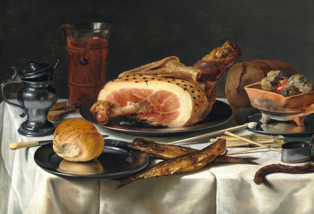 Naturaleza muerta con jamón, 1625 de Pieter Claesz