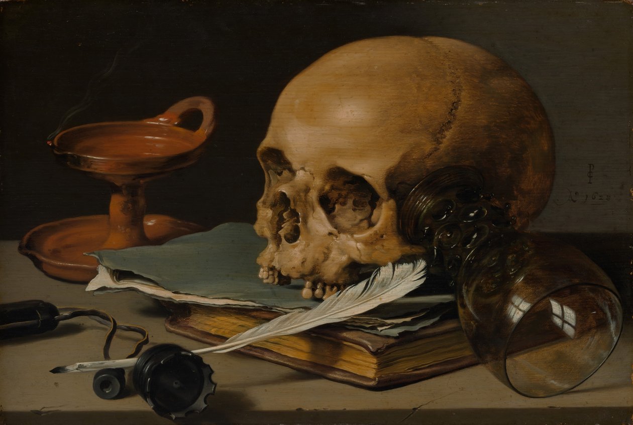 Naturaleza muerta con una calavera y una pluma de escribir, 1628 de Pieter Claesz