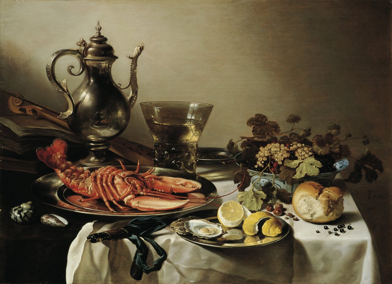 Mesa con langosta, jarra de plata, gran Berkemeyer, frutero, violín y libros de Pieter Claesz