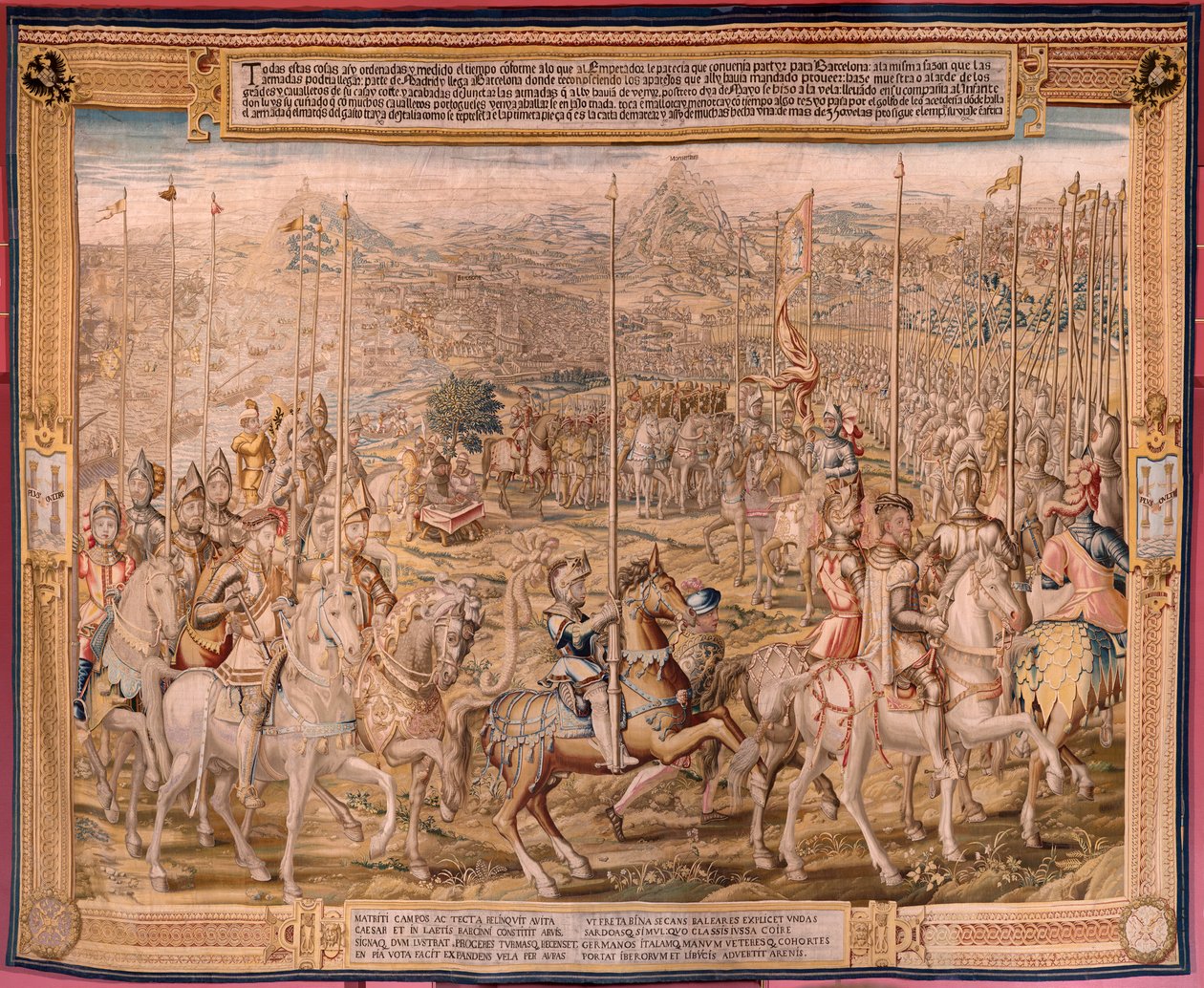 Tapiz flamenco. Serie La Conquista de Túnez; Reseña de las Tropas en Barcelona (La revista de las tropas en Barcelona). Segundo tapiz de la serie. Modelo Jan Vermeyen y Pieter Coecke van Aelst. 1543-1548. Fabricación Real Fábrica de Tapices de Sant de Pieter Coecke van Aelst