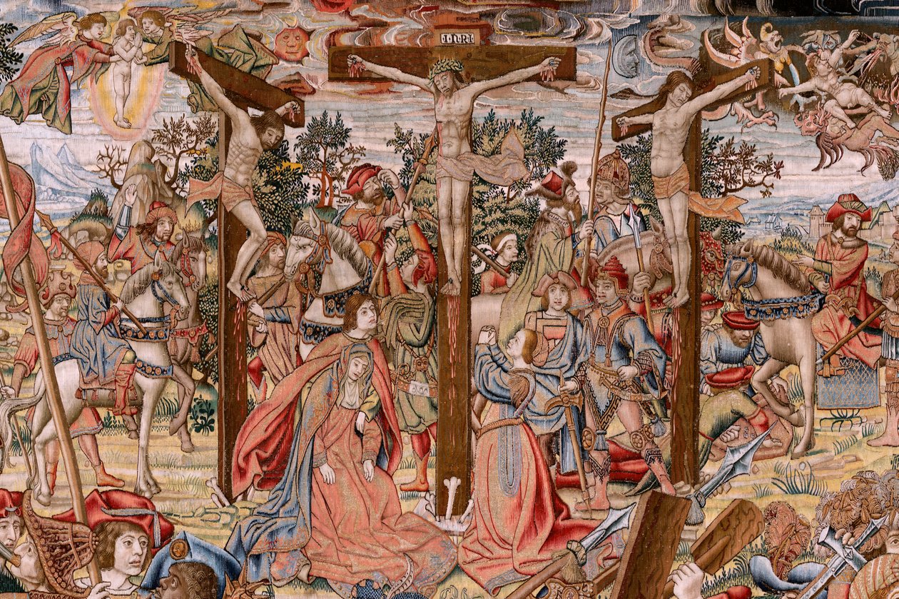 Tapiz flamenco. Serie La Pasión de Cristo; Camino del Calvario y encuentro con la Verónica (Camino del Calvario y encuentro con la Verónica). Primer tapiz de los que conserva Patrimonio Nacional. Dibujantes modelo del círculo de Jan van Roome y Bern de Pieter Coecke van Aelst