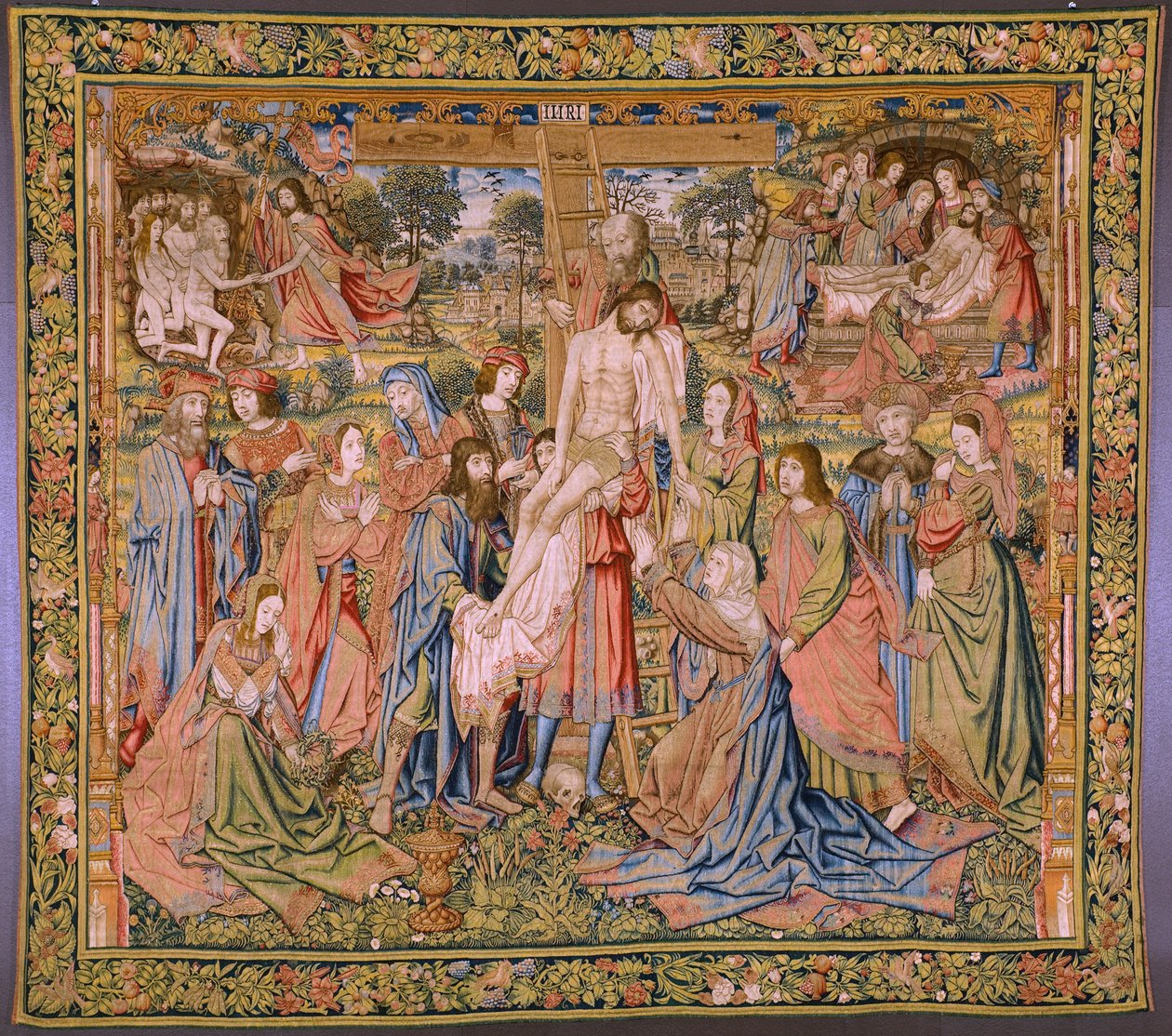 Tapiz flamenco. Serie La pasión de Cristo: Descendimiento de la cruz (Kruisafneming, Descendimiento de la cruz). Fabricación Pieter van Aelst. El dibujante Jan van Roome. Ca 1507-1520. de Pieter Coecke van Aelst