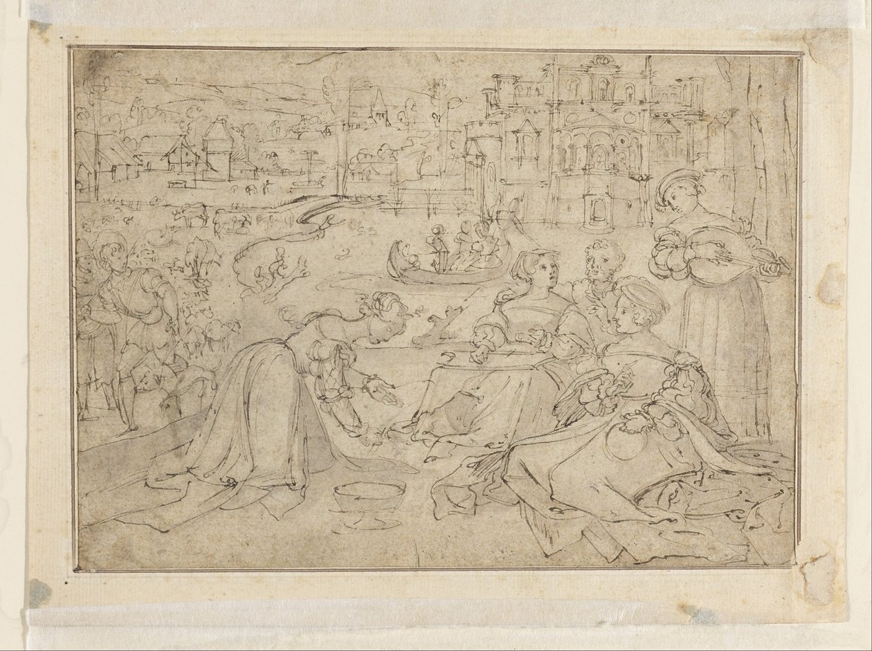 El Mes de Abril (Figuras en un parque cerca de un castillo); (detalle) La Juventud de Las Tres Edades del Hombre de Pieter Coecke van Aelst