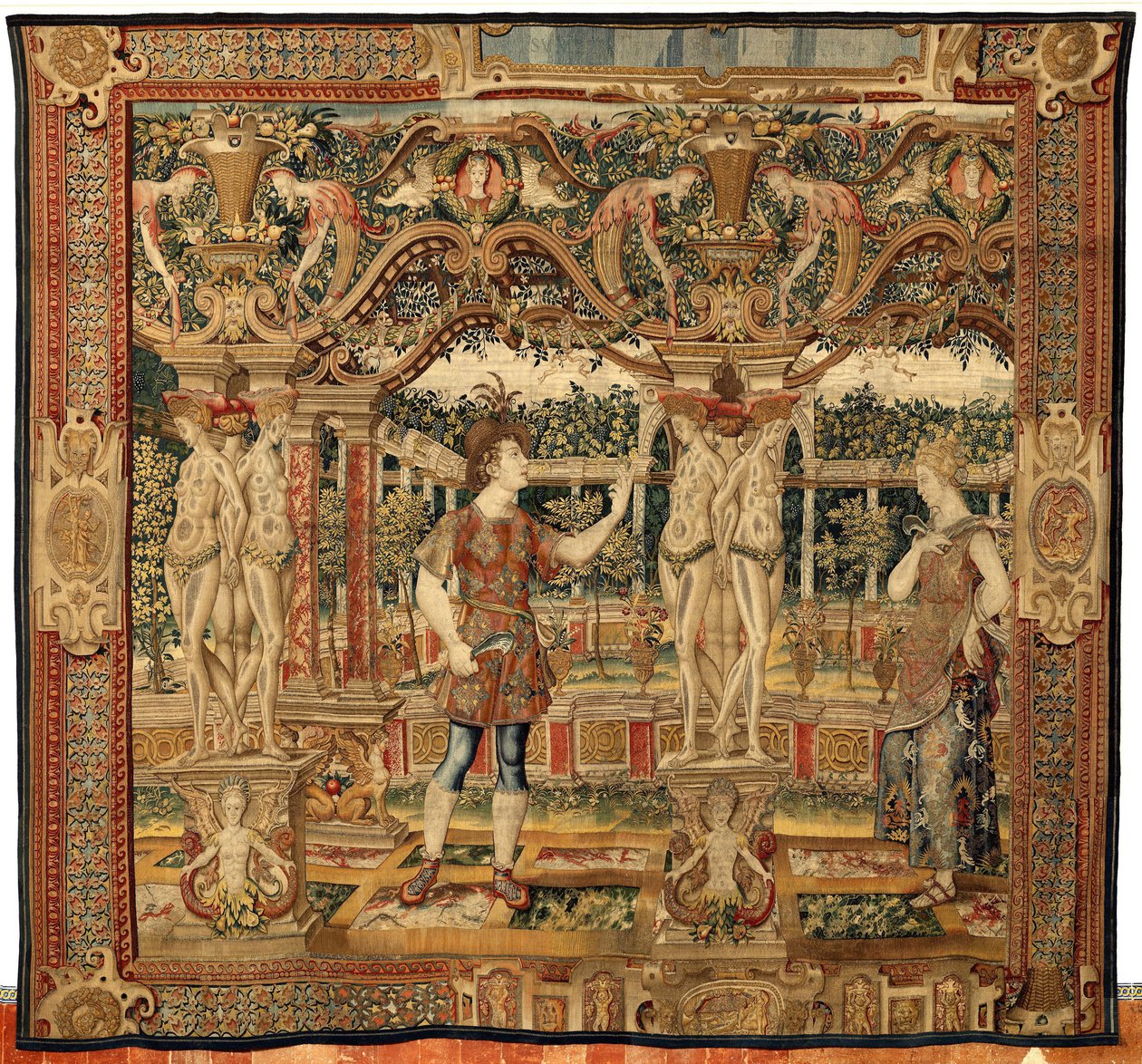 Vertumno y Pomona: Vertumno transformado en podador, c.1550 (oro, lana y seda) de Pieter Coecke van Aelst