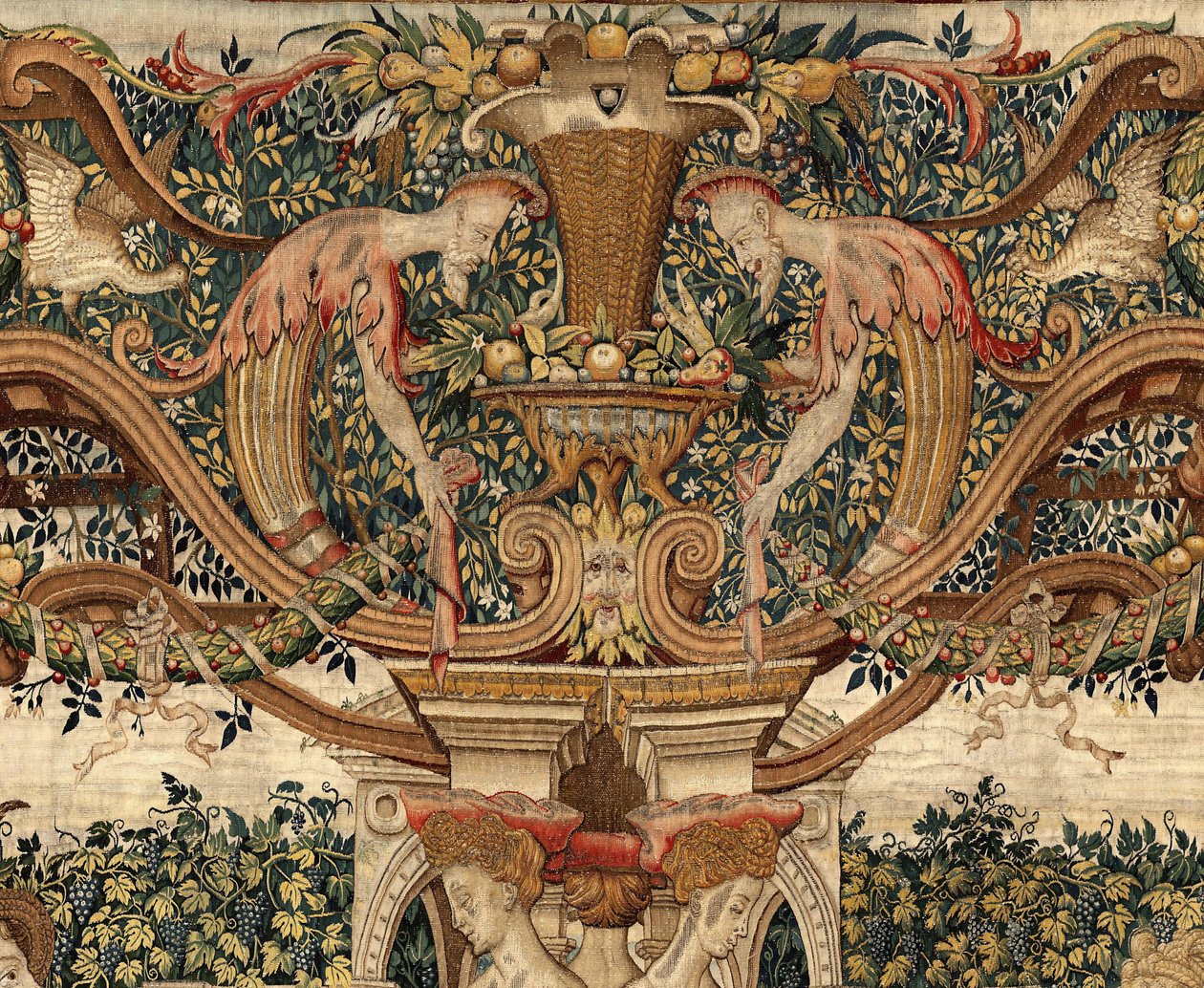 Vertumno y Pomona: Vertumno transformado en podador, c.1550 (oro, lana y seda) de Pieter Coecke van Aelst