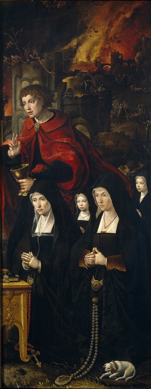 San Juan Evangelista con dos mujeres y dos niñas rezando (detalle) de Pieter Coecke van Aelst