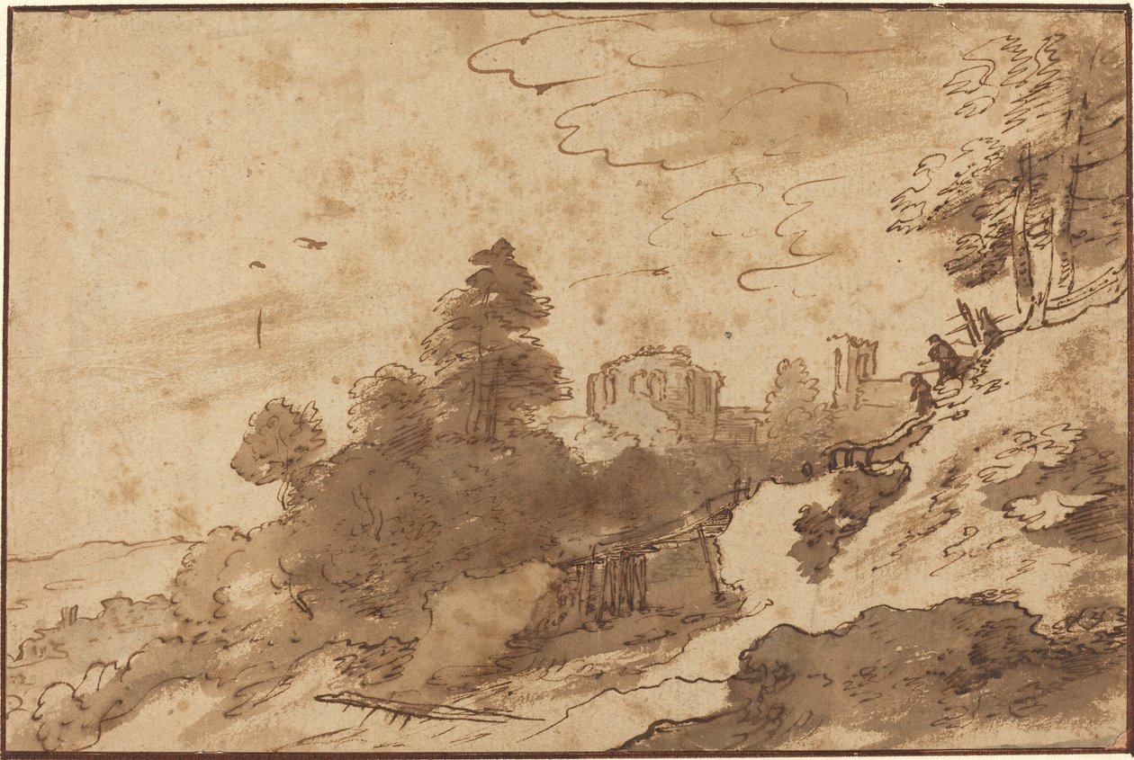 Paisaje con puente y ruinas en el fondo de Pieter Dircksz Santvoort