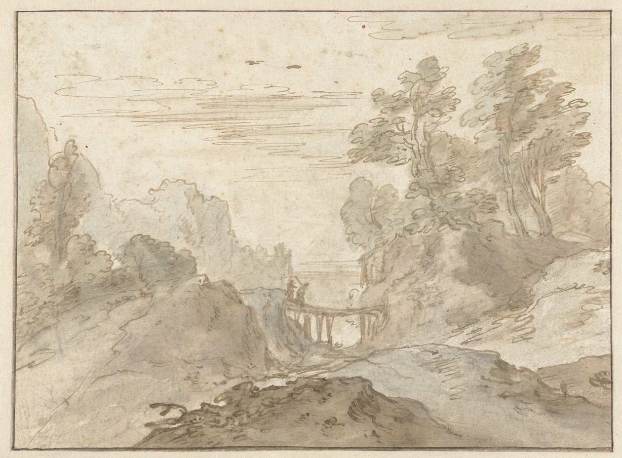 Paisaje de montaña con dos figuras en un puente estrecho de Pieter Dircksz van Santvoort (possibly)