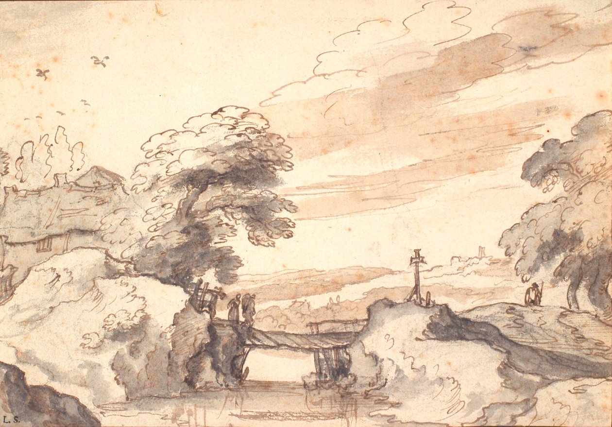 Paisaje con un viejo puente sobre un arroyo de Pieter Dircksz van Santvoort