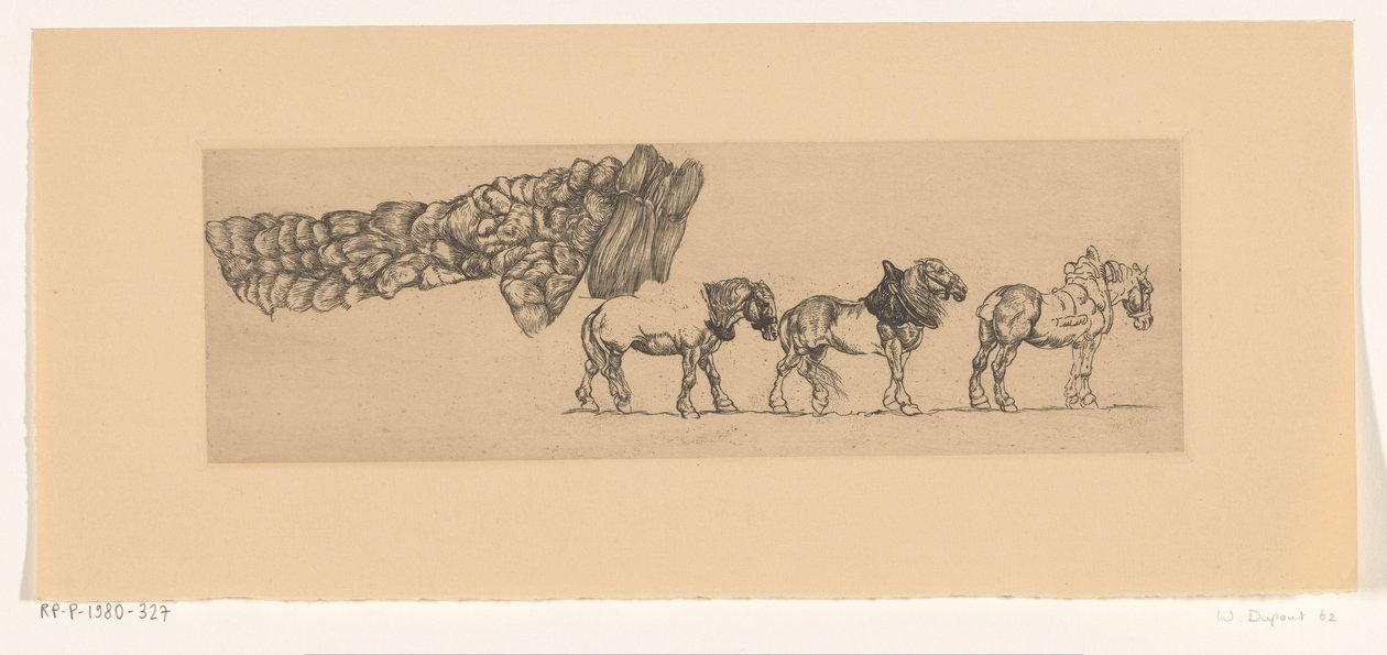 Tres caballos de tiro y la carga de un carro de heno de Pieter Dupont