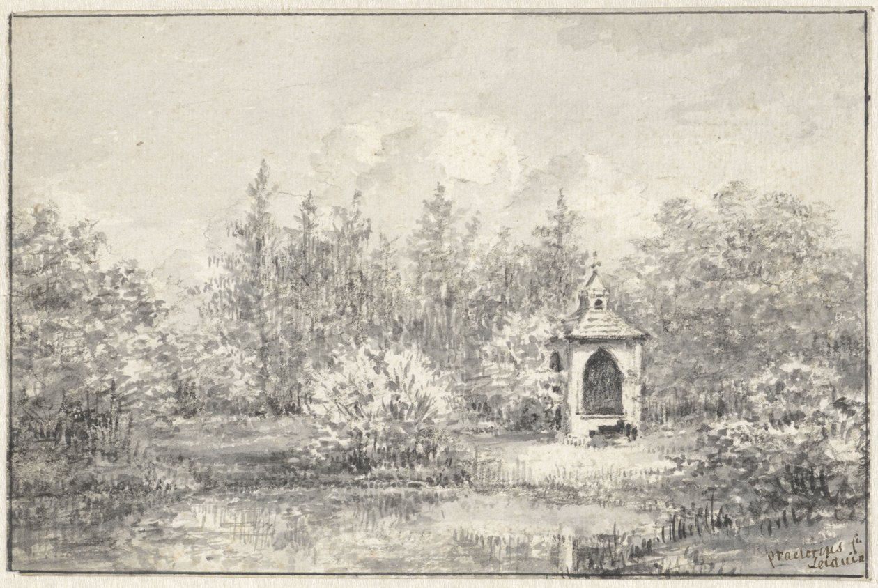 Vista en el parque de Leiduin, con la cabaña entre los árboles de Pieter Ernst Hendrik Praetorius