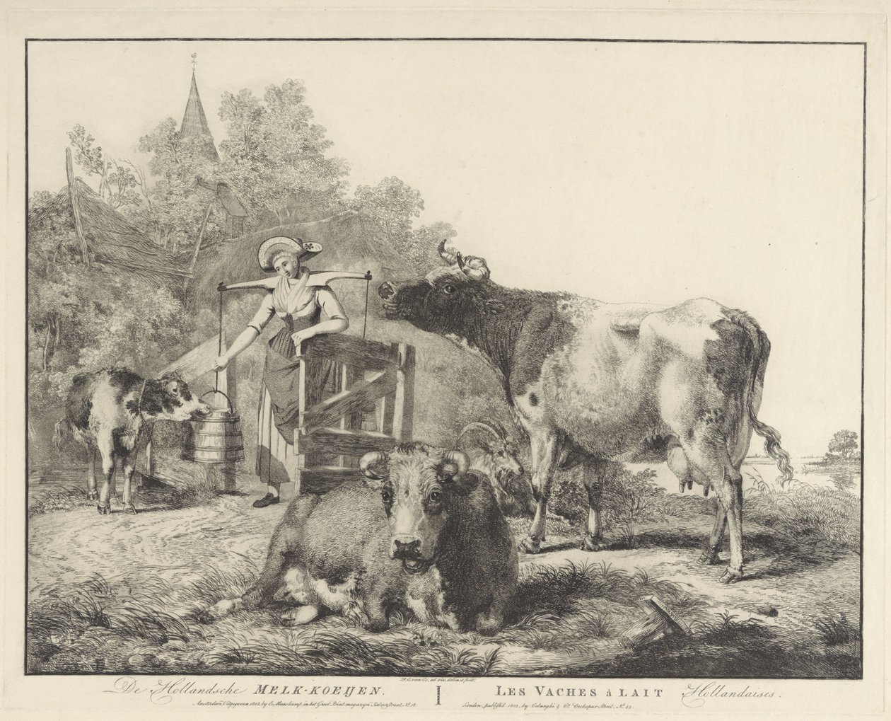 Vacas y una lechera De Hollandsche Melk-koeijen/ Les vaches â lait hollandaises (título sobre el objeto) de Pieter Gerardus van Os