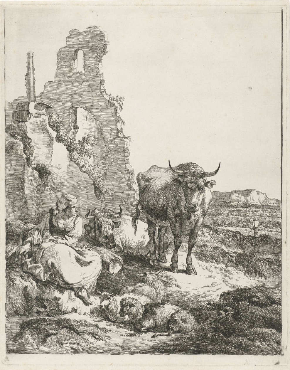 Paisaje con vaca y pastora de pie y tumbada frente a una ruina de Pieter Gerardus van Os
