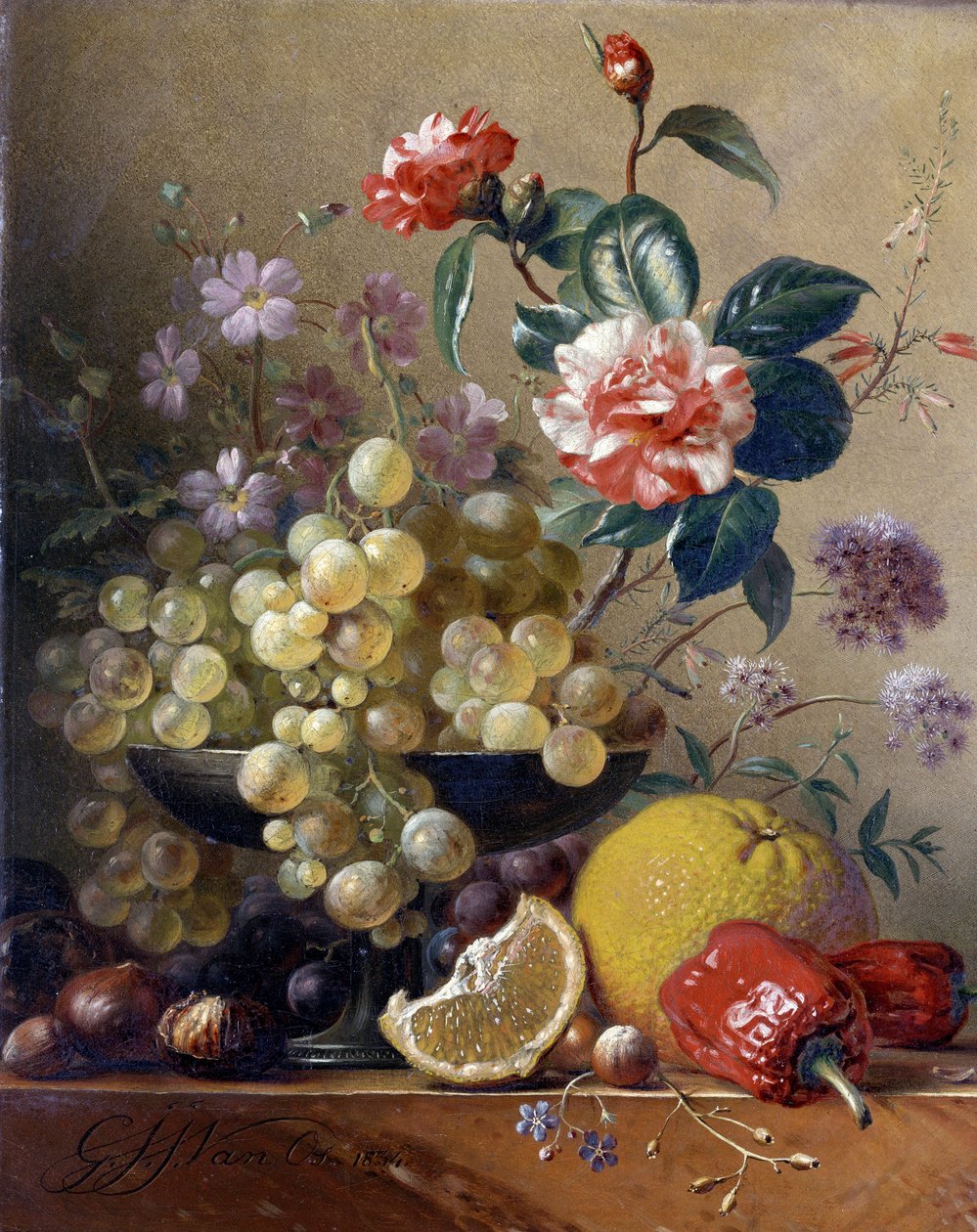 Bodegón de frutas, verduras y flores de Pieter Gerardus van Os