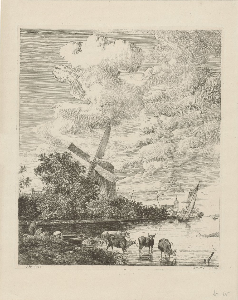 Vista al río con molino y vacas en el agua. de Pieter Gerardus van Os