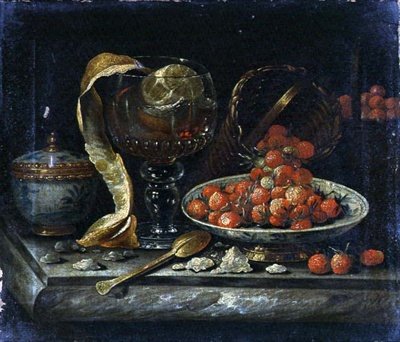 Naturaleza Muerta de Tazón y Tapa de Porcelana Azul y Blanca China, Roemer de Vidrio, Cuchara de Oro y Fruta de Pieter Gerritsz. van (manner of) Roestraten