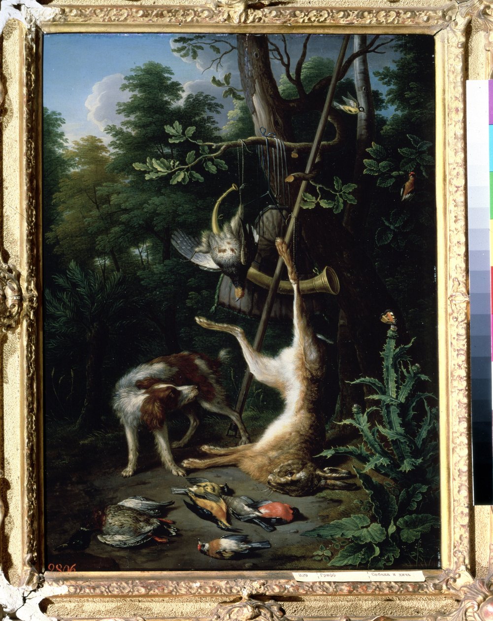 ""Perro de caza y aves de caza"" (Perro y aves de caza) Pintura de Peter Gysels (1621-1691) Siglo XVII. Museo Pushkin, Moscú de Peeter Gijsels