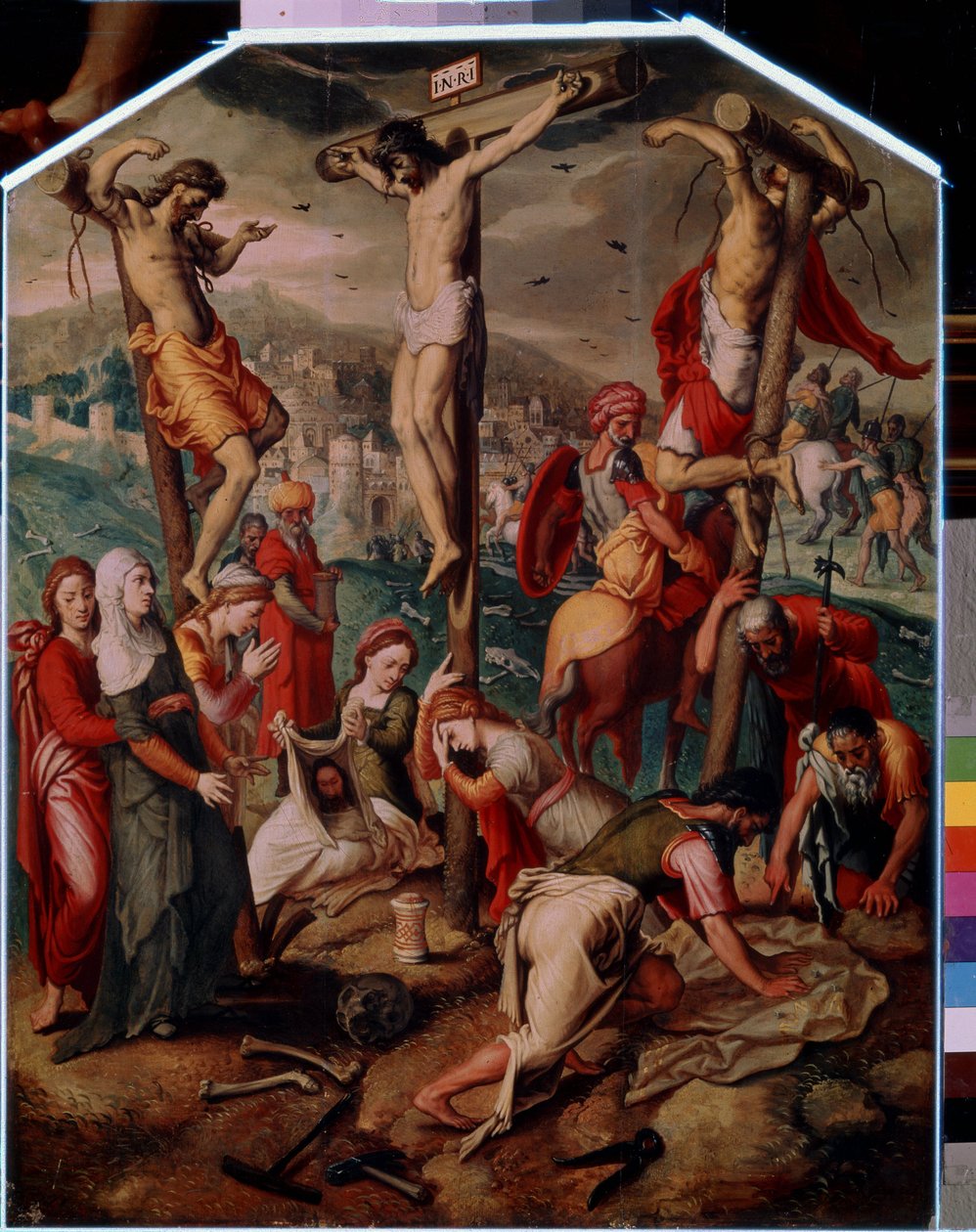 Calvario (Calvario). En el Gólgota, Jesucristo es crucificado con los otros dos condenados a muerte. Lleva el signo INRI (I.N.R.I.) en la cruz. A los pies, Santa María Magdalena llora la muerte de Jesús, su botella está volcada en el suelo. Santa Verónica de Pieter I Pietersz