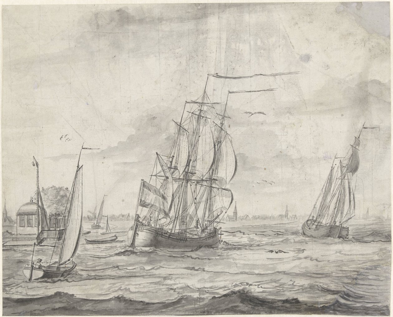 Aguas interiores con barcos, una ciudad en la distancia de Pieter Idserts