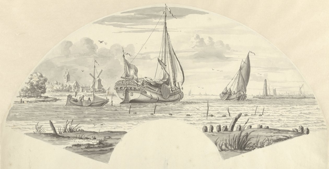 Vista de algunos barcos en el agua y un molino de viento cerca de una iglesia de Pieter Idserts