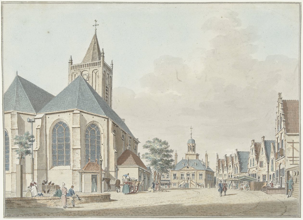 La plaza del mercado de Vlaardingen con la iglesia y el ayuntamiento de Pieter Jan van Liender