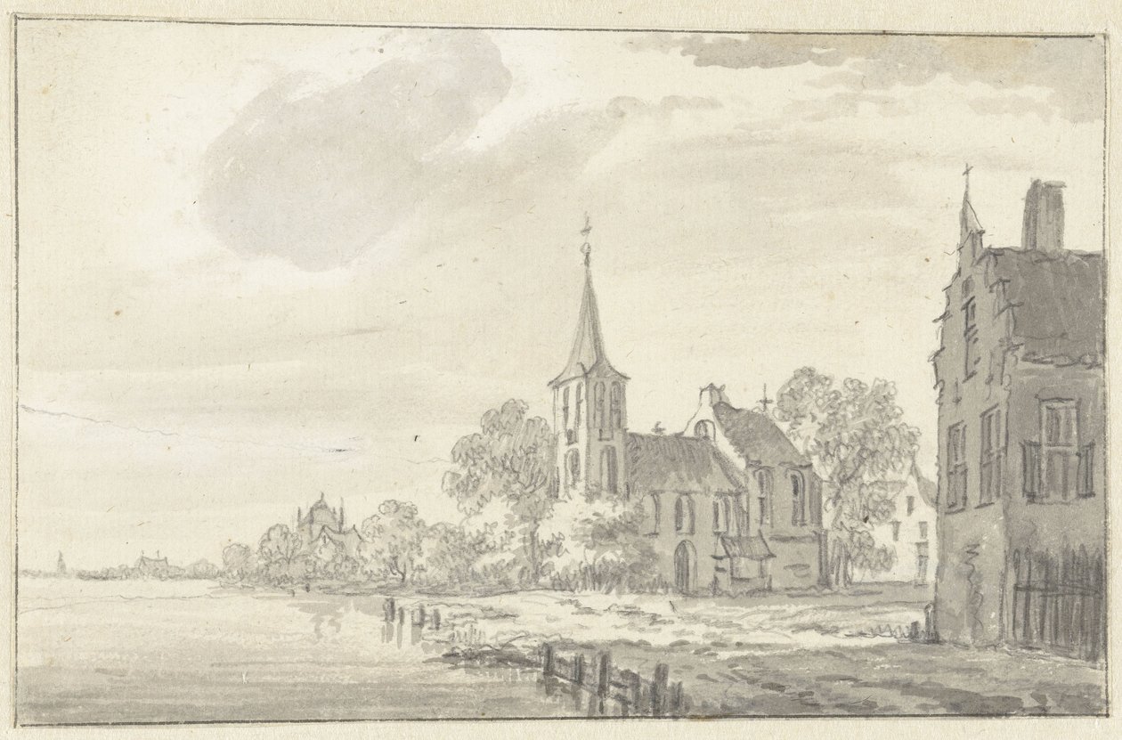Iglesia del pueblo y casas junto a un río de Pieter Jan van Liender