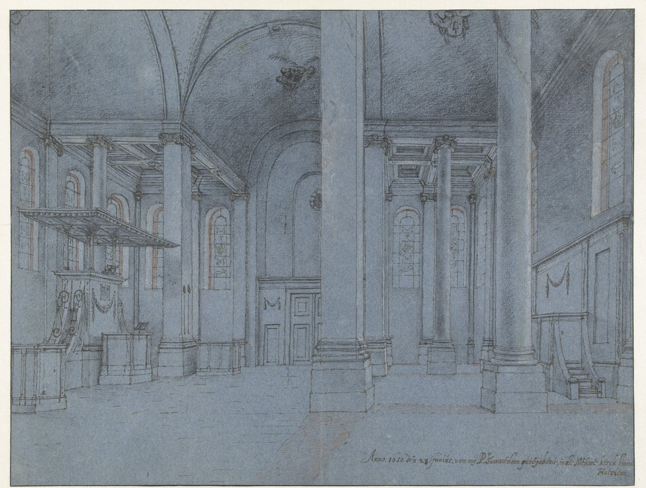 Vista del interior de Nieuwe Kerk, Haarlem, visto desde el extremo este del pasillo norte mirando al oeste de Pieter Jansz Saenredam
