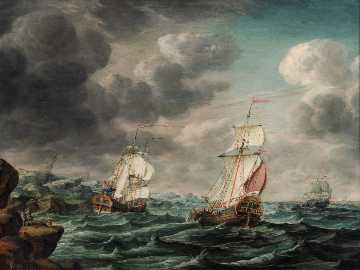 Un hombre de guerra holandés y barcos comerciales frente a un cabo rocoso de Pieter Jochums Lofvers