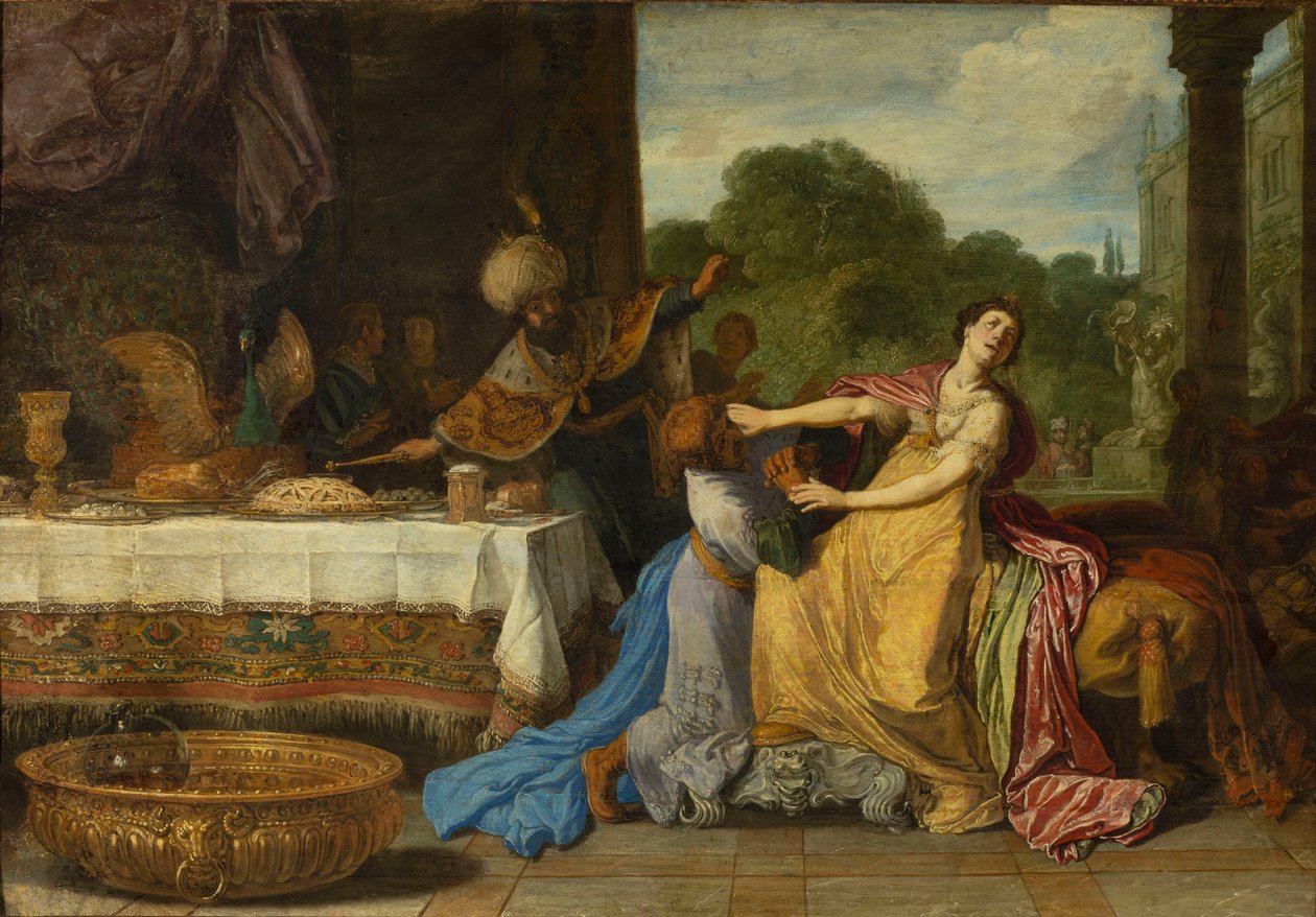 Amán suplicando clemencia a Ester de Pieter Lastman