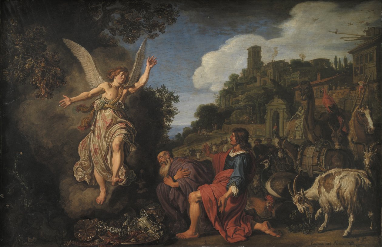 El ángel Rafael se despide del viejo Tobit y su hijo Tobías de Pieter Lastman
