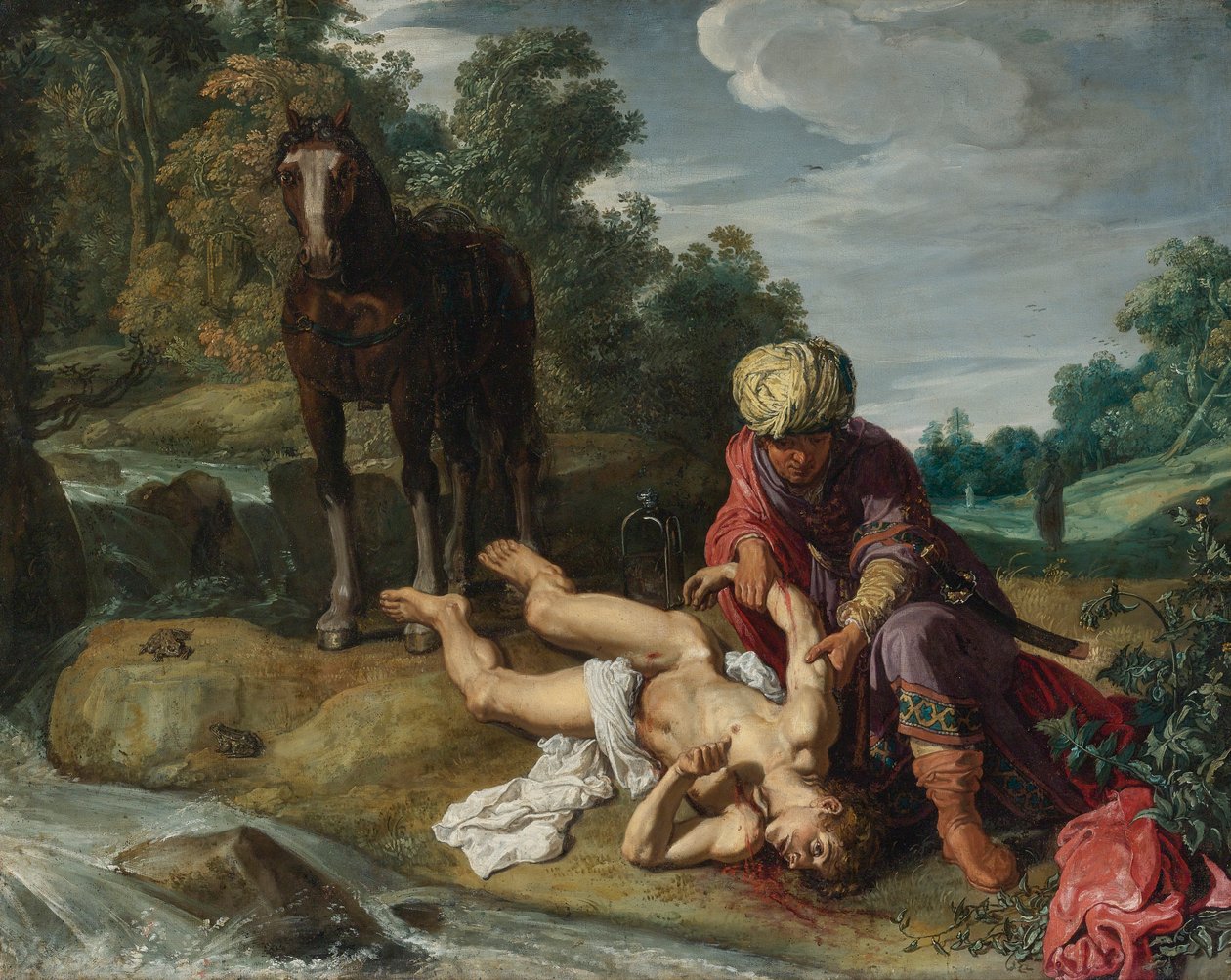 El buen samaritano curando las heridas del caminante (Lucas 10:25-37) de Pieter Lastman