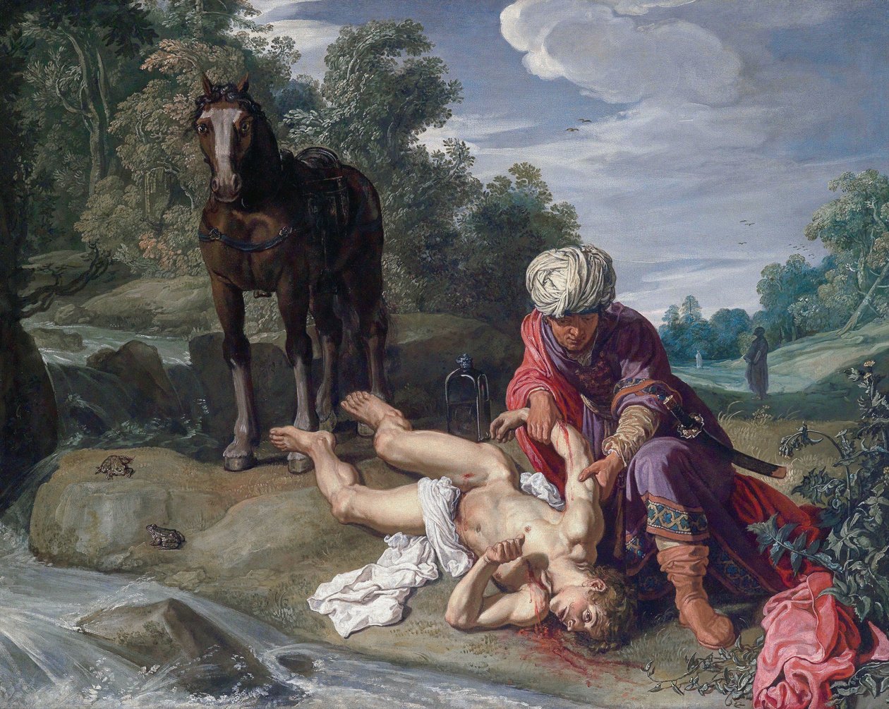 El buen samaritano curando las heridas del caminante (Lucas 10:25-37) de Pieter Lastman