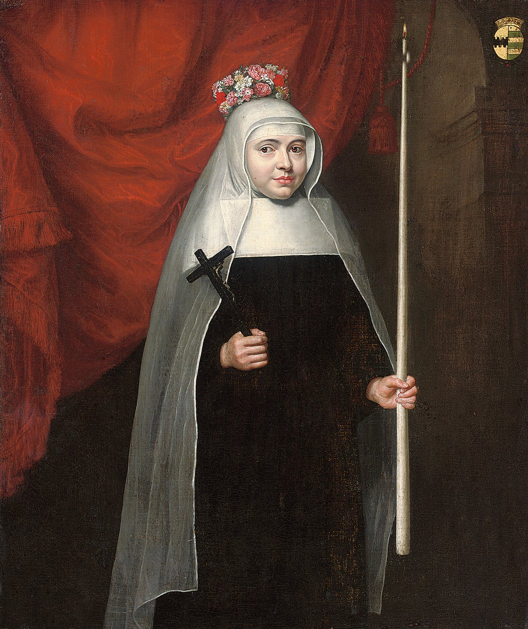 Retrato de una monja sosteniendo un crucifijo y una vela, 1678 de Pieter Leermans