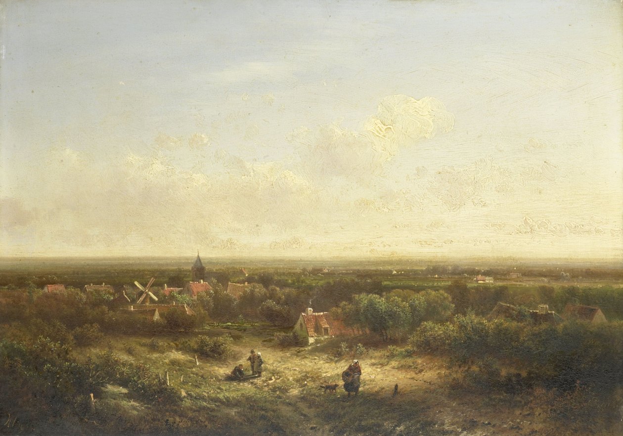 Vista lejana con un pueblo de Pieter Lodewijk Francisco Kluyver