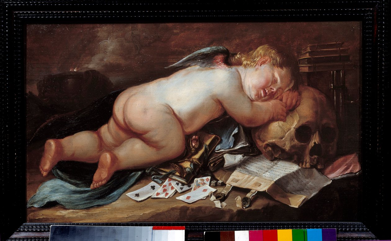 El amor durmiendo sobre la cabeza de un muerto. Pintura (Vanite) de Pieter Moninckx (1606 - 1686) Ec. Flam. de Pieter Moninckx
