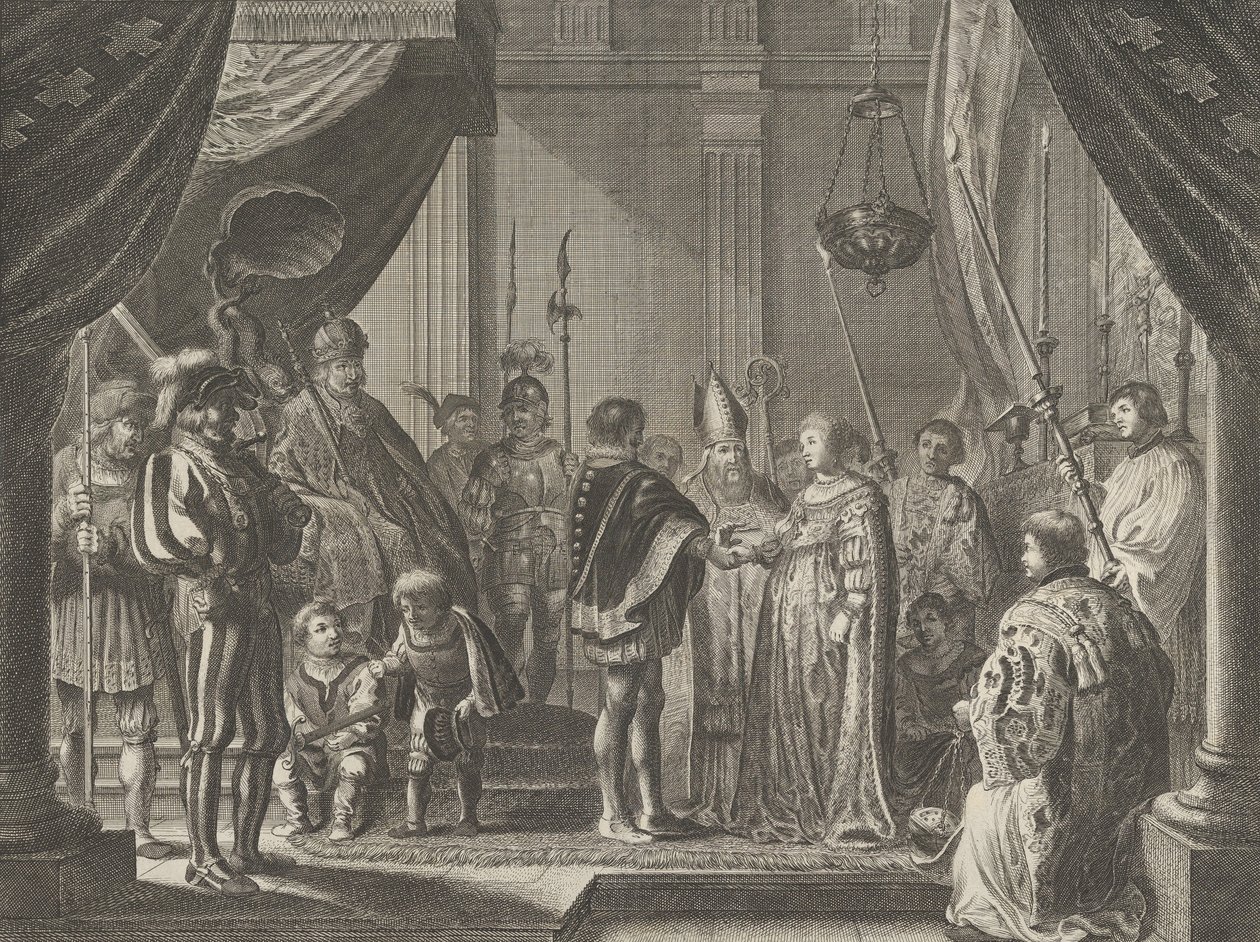 Plato 7: El matrimonio de Francisco I de Medici y Johanna de Austria, de Caspar Barlaeu, 1638 de Pieter Nolpe