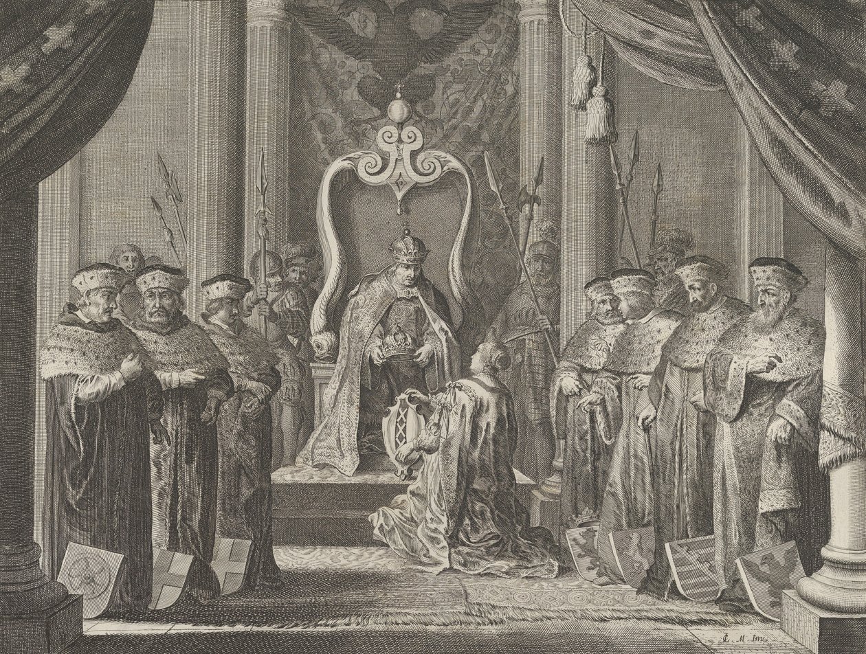 Placa 8: El emperador Maximiliano II otorgando una corona al escudo de armas de Ámsterdam, de Cas..., 1638 de Pieter Nolpe