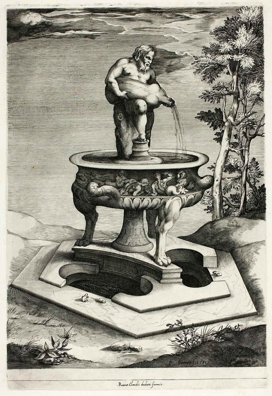 Fuente con Sileno en el jardín del Palacio Cesi cerca de Roma de Pieter Perret