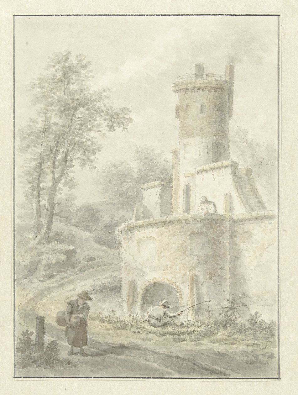Paisaje con pescador y mujer caminando cerca de una torre fortificada de Pieter Pietersz. Barbiers