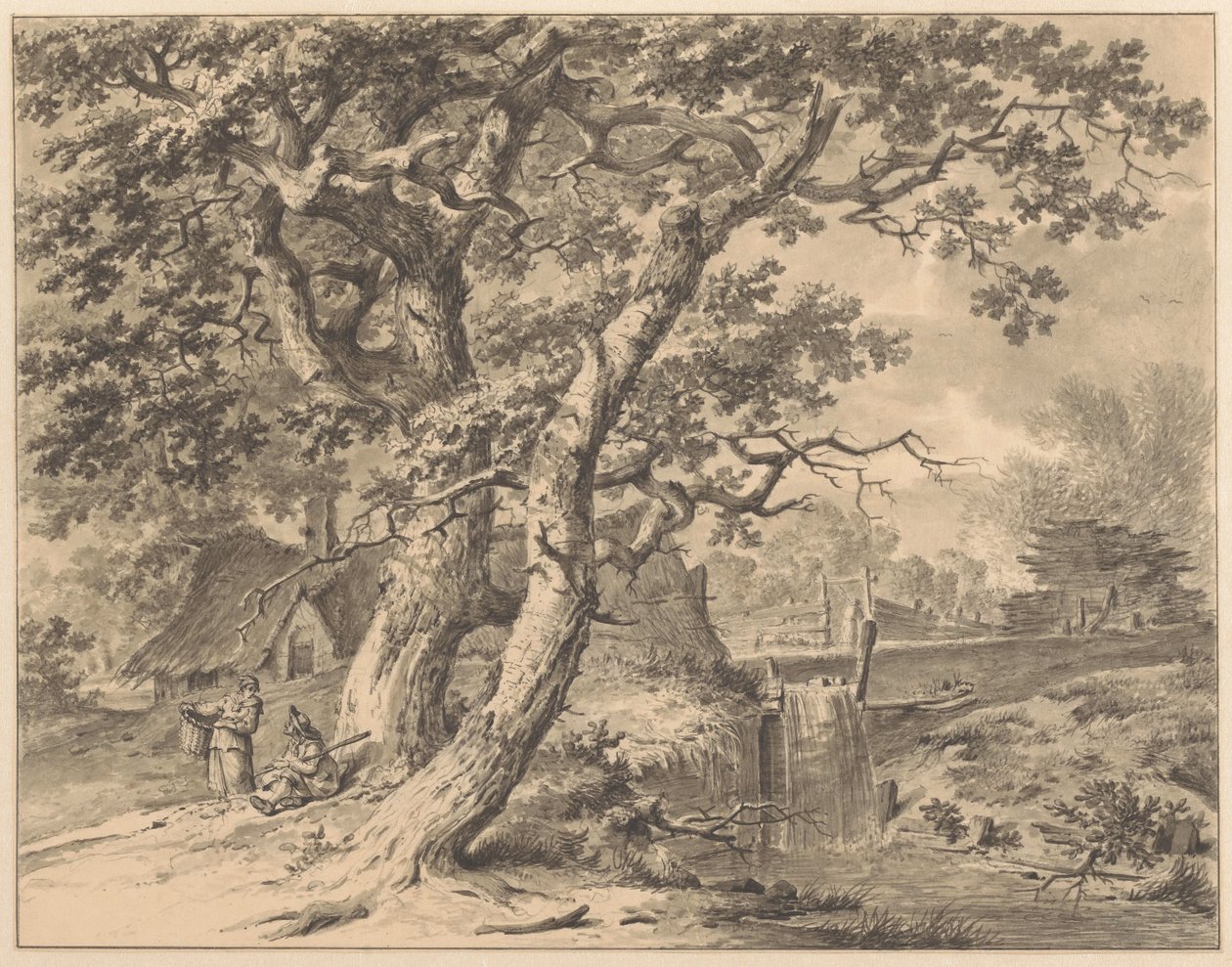 Paisaje con cascada bajo dos grandes árboles de Pieter Pietersz. Barbiers