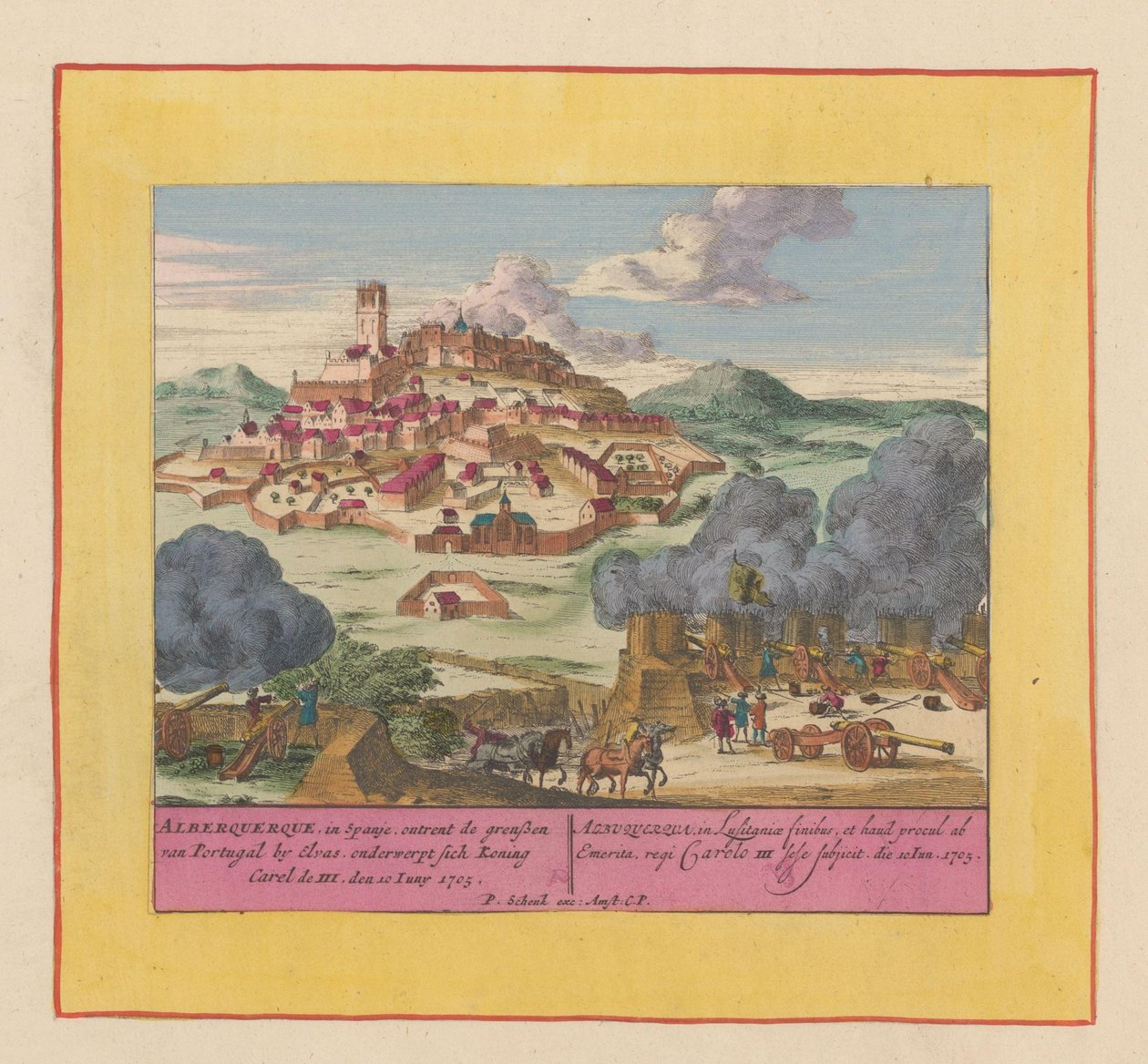 Asedio de Albuquerque, 1705 Alberquerque, en España, en las fronteras de Portugal en Elvas, se somete al rey Carel III, el 10 de junio de 1705 (título sobre el objeto) Teatro de la Guerra, Comienzo del Rey Carlos II. Nos vemos en King Kar de Pieter Schenk (I)