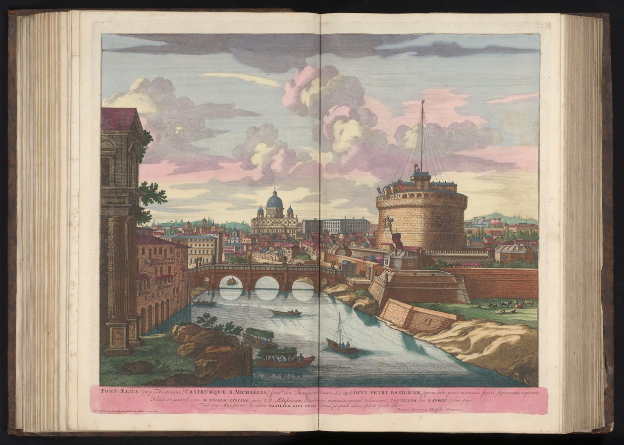 Engelenburcht, Sint-Pietersbasiliek y el río Tiber Puente de Aelius (diablillo de Adriano) y Castillo de San Miguel (...) (título sobre objeto) de Pieter Schenk (I)
