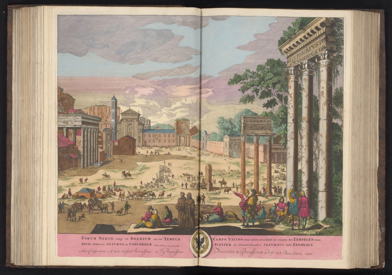El Foro Romano en Roma Foro de Nerva, diablillo y Boario en él Templo de Júpiter Estator Saturno y Concordia (...) (título sobre el objeto) de Pieter Schenk (I)