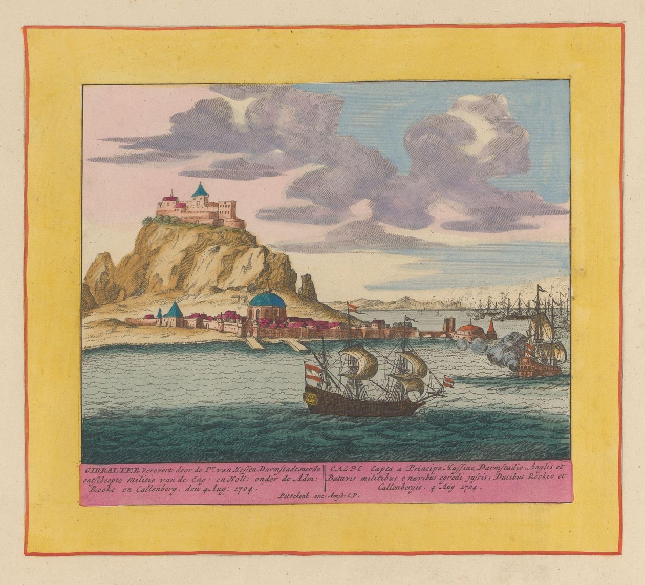 Conquista de Gibraltar por una flota angloholandesa, 1704 Gibraltar conquistado por el Pr. van Hessen Darmstadt, con la milicia desembarcada de Eng : en Holl : bajo Adm : Rooke and Callenberg den 4 Aug : 1704 (...) (título sobre el objeto) Teatro de Pieter Schenk (I)