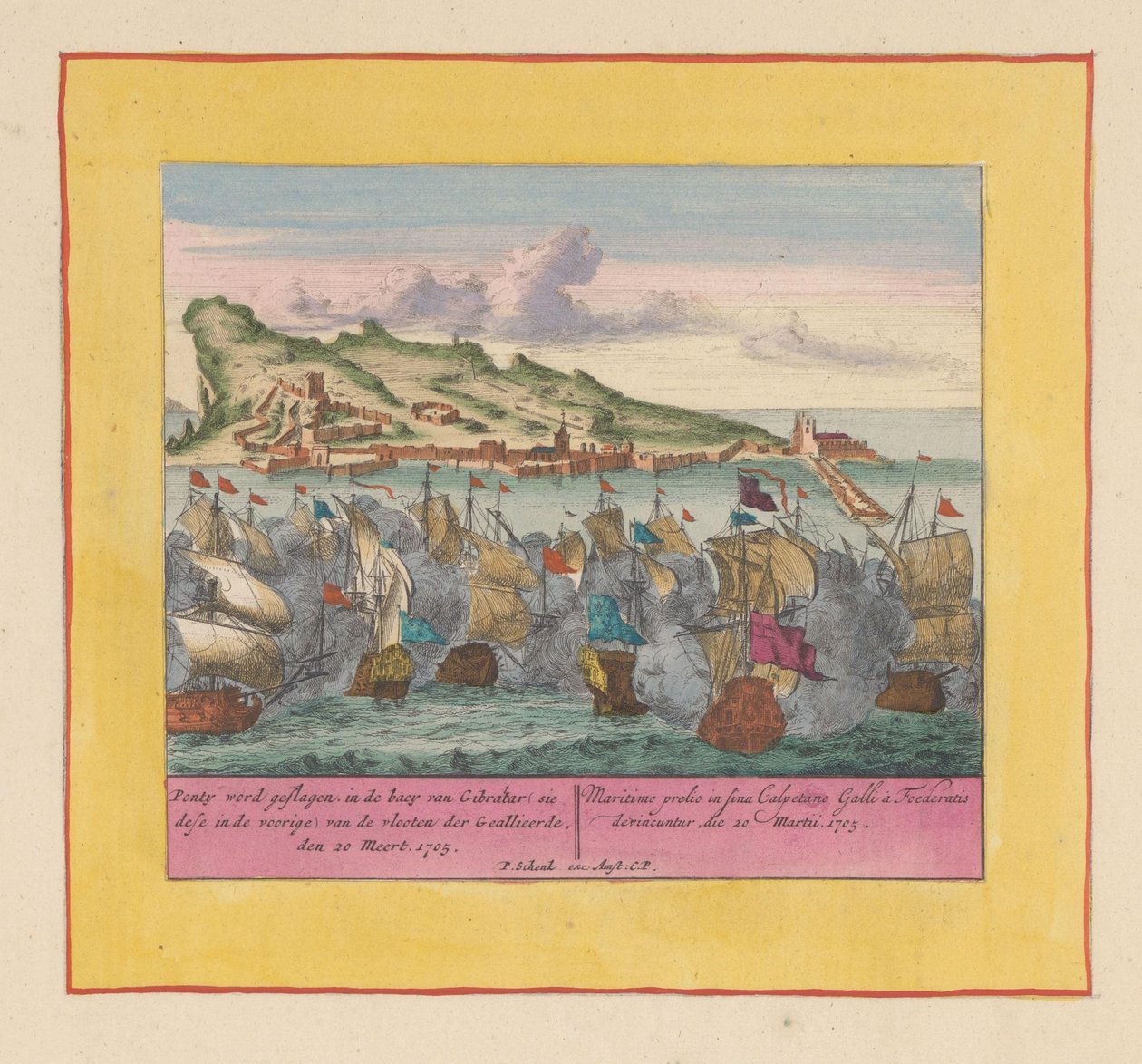 Batalla Naval de Gibraltar, 1705 Ponty es golpeado, en la bahía de Gibraltar (sie dese en el frente) de las flotas de los Aliados, den 20 Meert, 1705 (título sobre objeto) Teatro de la Guerra, Comienzo del Rey Carlos II. Nos vemos en King Karel den de Pieter Schenk (I)