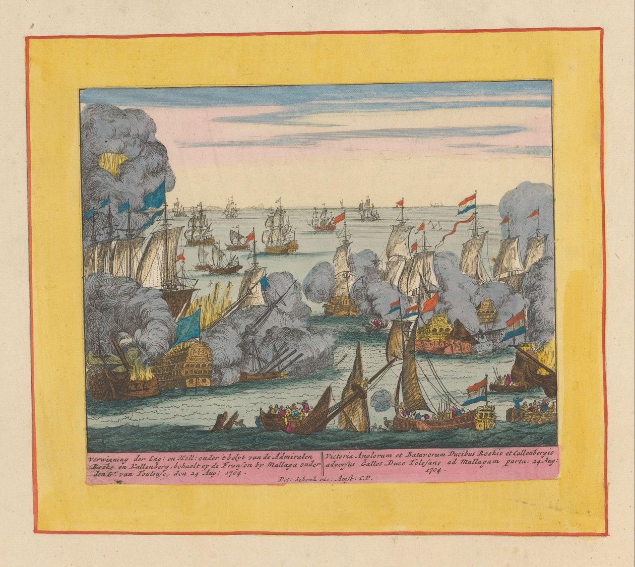 Batalla Naval de Málaga, 1704 Verwinning der Eng en Holl: bajo el mando de Admiralen Rooke y Kallenberg (...) (título sobre el objeto) Teatro de la Guerra, Comienzo del Rey Carlos II. Hasta el rey Carlos III. Existente en IX. Higo histórico de Pieter Schenk (I)